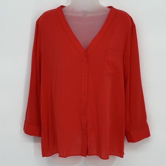 Alice + Olivia Sz L Red Silk Roll Tab Sleeve V Neck Classic Blouse Career Office - Picture 3 of 12